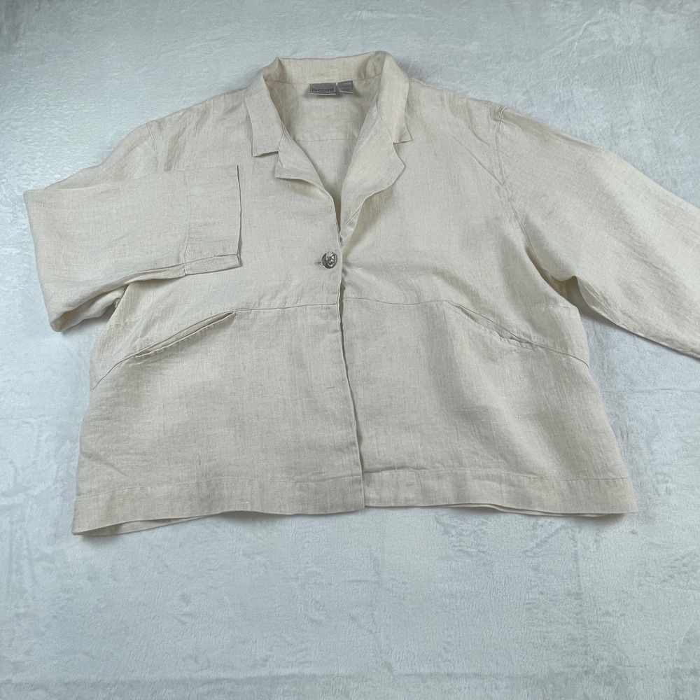 Chico's Womens Linen Jacket Size 3 Oatmeal Beige Single Button Boxy Blazer